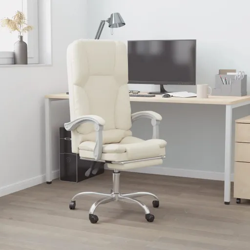 Cadeira Escritório Massagens Reclinável Couro Artificial Creme