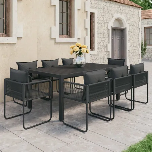 Conjunto de Jantar para Jardim Vime de PVC Preto (9 pcs)