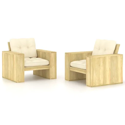 Cadeiras Jardim   c/ Almofadões Cor Creme Pinho Impregnado (2 pcs)