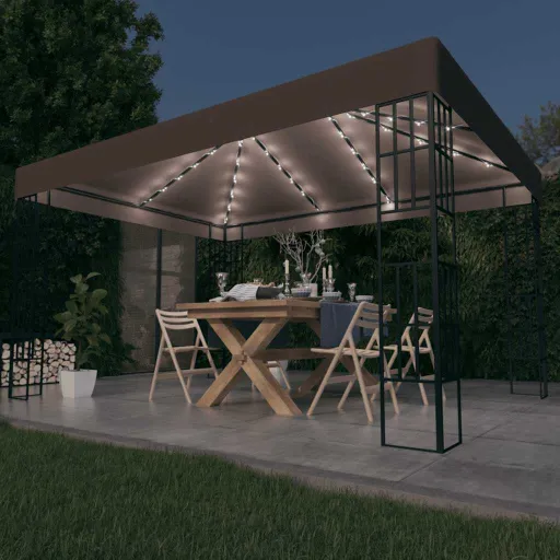 Gazebo com Cordões de Luzes LED 4x3 m Cinza-Acastanhado