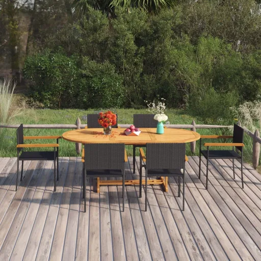 Conjunto de Jantar para Jardim Vime PE Preto (7 pcs)