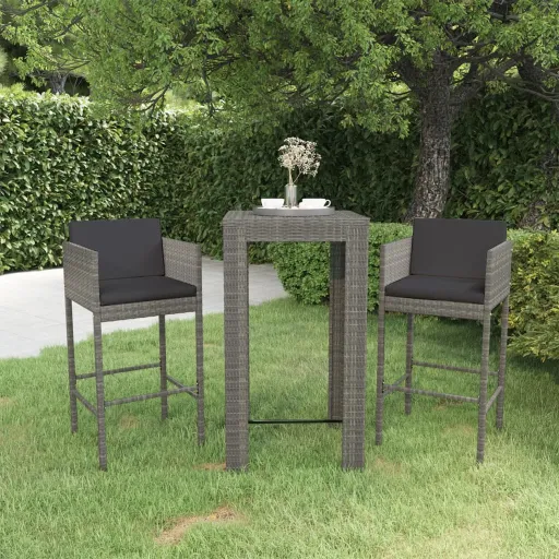 Conjunto de Bar p/ Jardim c/ Almofadões Vime PE Cinzento (3 pcs)