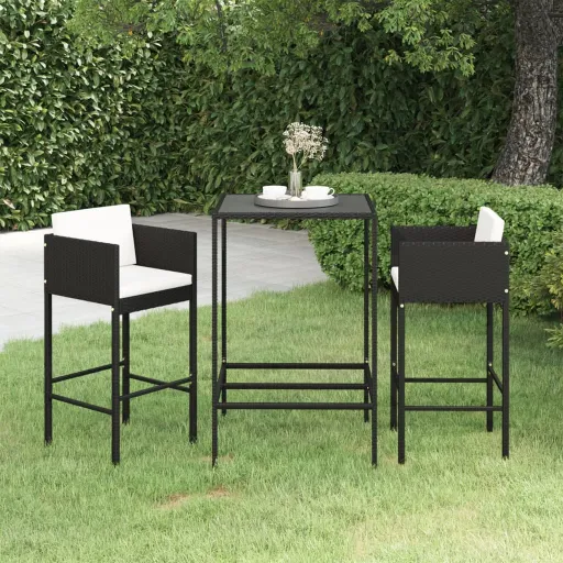 Conjunto de Bar para Jardim com Almofadões Vime PE Preto (3 pcs)