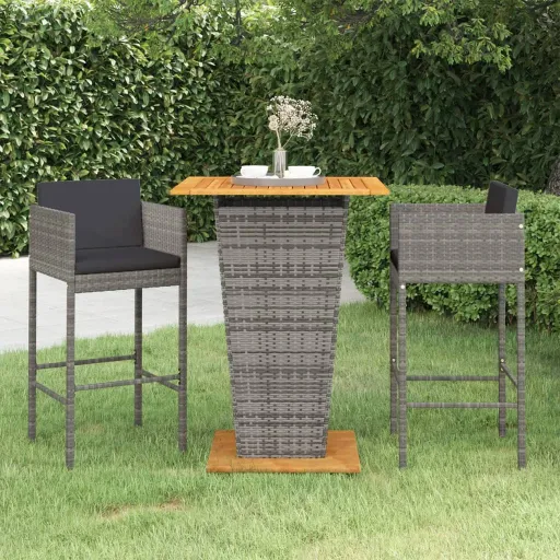 Conjunto de Bar p/ Jardim c/ Almofadões Vime PE Cinzento (3 pcs)