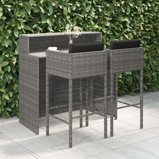Conjunto de Bar p/ Jardim c/ Almofadões Vime PE Cinzento (3 pcs)