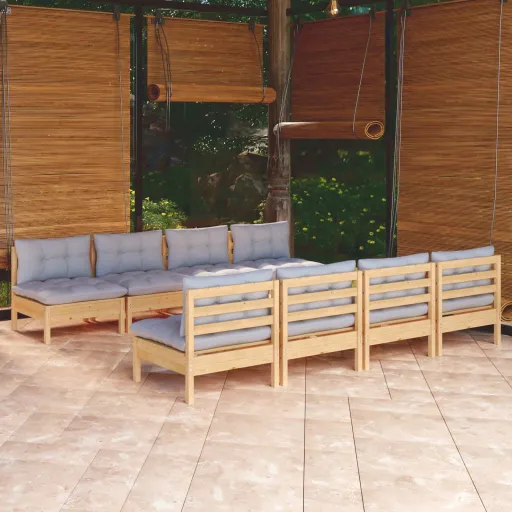 Conjunto Lounge de Jardim + Almofadões Cinza Pinho Maciço (9 pcs)