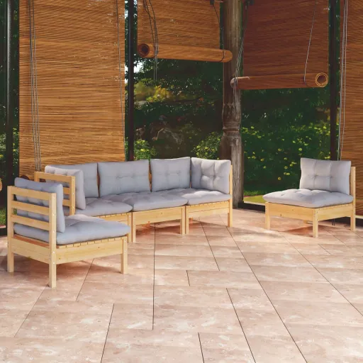 Conjunto Lounge de Jardim + Almofadões Cinza Pinho Maciço (5 pcs)