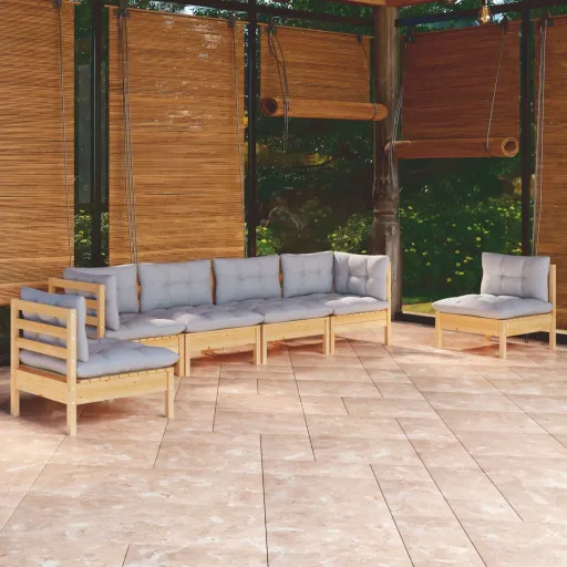 Conjunto Lounge de Jardim + Almofadões Cinza Pinho Maciço (6 pcs)