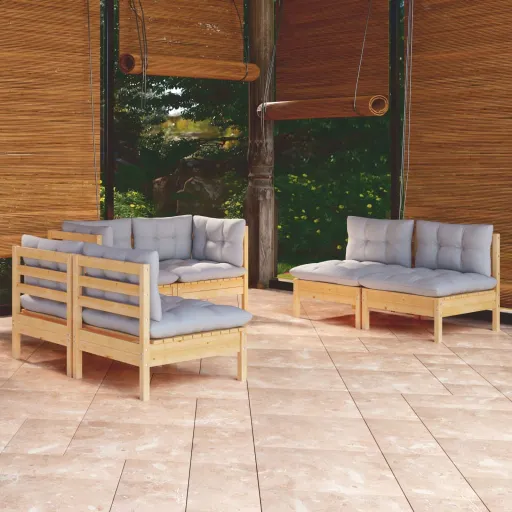 Conjunto Lounge de Jardim + Almofadões Cinza Pinho Maciço (6 pcs)