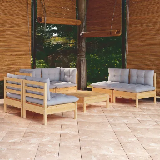 Conjunto Lounge de Jardim + Almofadões Cinza Pinho Maciço (7 pcs)