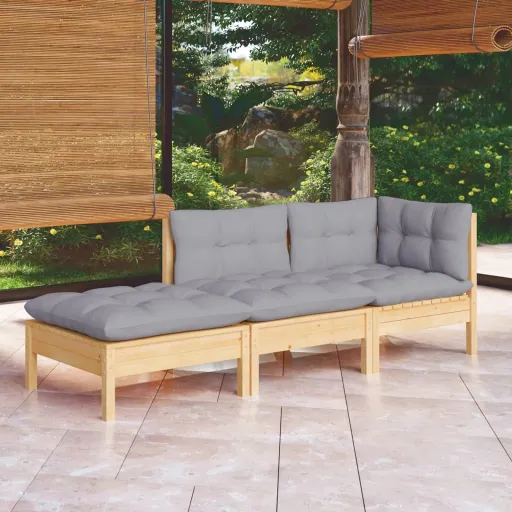 Conjunto Lounge de Jardim c/ Almofadões Cinza Pinho Maciço (3 pcs)