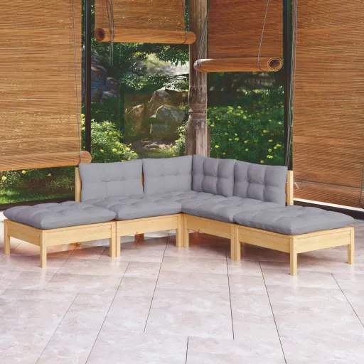 Conjunto Lounge de Jardim c/ Almofadões Cinza Pinho (5 pcs)