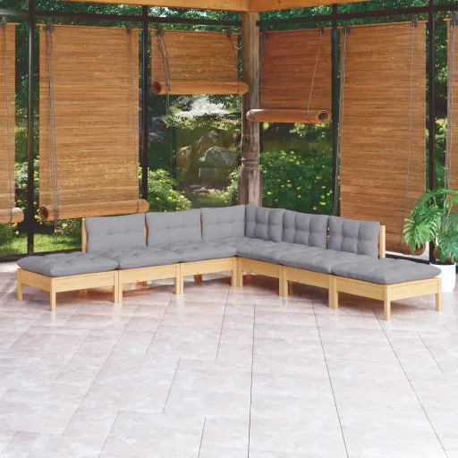 Conjunto Lounge de Jardim c/ Almofadões Cinza Pinho (7 pcs)
