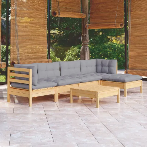 Conjunto Lounge de Jardim c/ Almofadões Cinza Pinho (6 pcs)