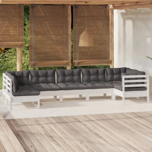Conjunto Lounge de Jardim c/ Almofadões Pinho Branco (7 pcs)