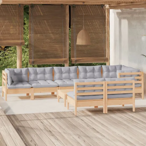 Conjunto Lounge de Jardim + Almofadões Cinza Pinho Maciço (9 pcs)