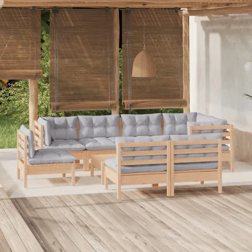 Conjunto Lounge de Jardim + Almofadões Cinza Pinho Maciço (9 pcs)