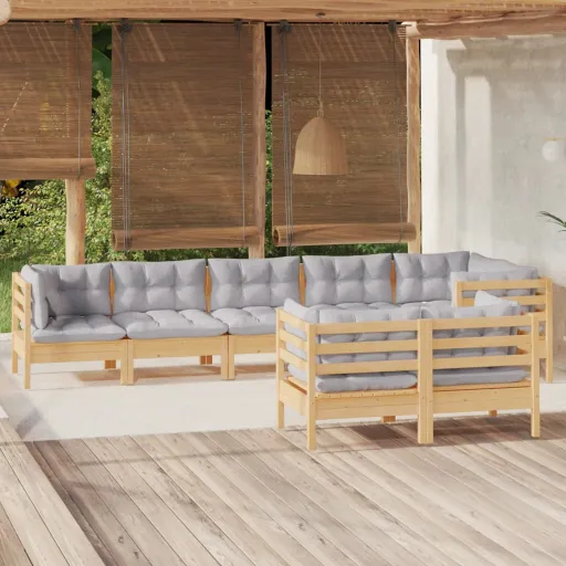Conjunto Lounge de Jardim + Almofadões Cinza Pinho Maciço (8 pcs)