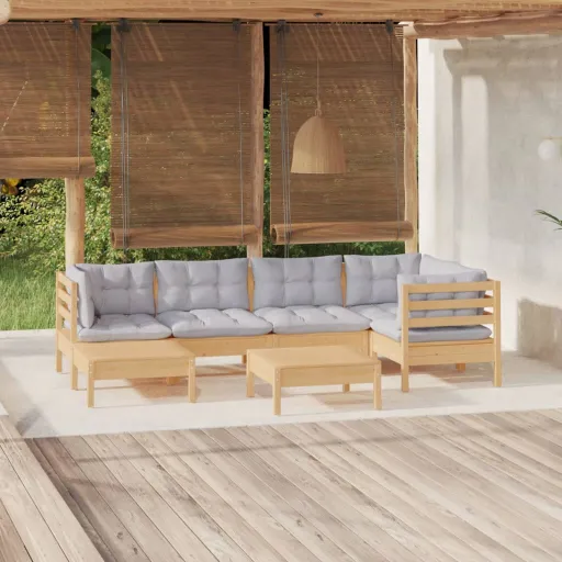 Conjunto Lounge de Jardim + Almofadões Cinza Pinho Maciço (7 pcs)