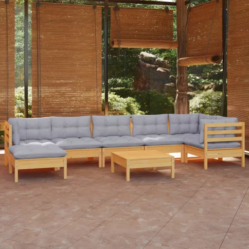 Conjunto Lounge de Jardim + Almofadões Cinza Pinho Maciço (8 pcs)