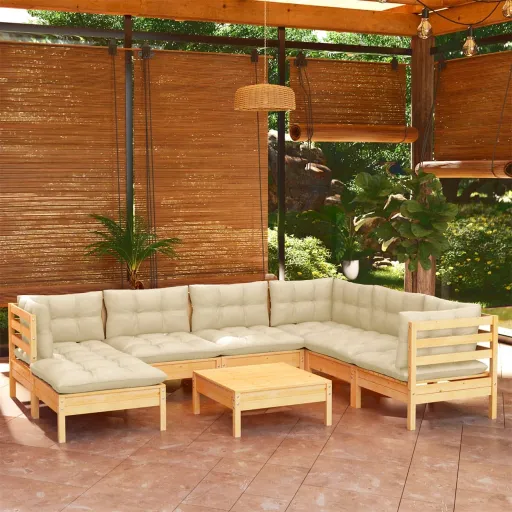 Conjunto Lounge Jardim c/ Almofadões Creme Pinho Maciço (8 pcs)