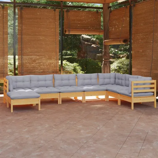 Conjunto Lounge de Jardim + Almofadões Cinza Pinho Maciço (8 pcs)