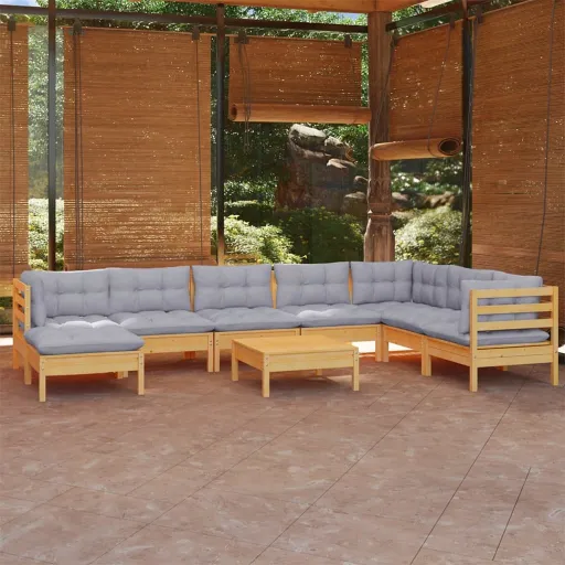 Conjunto Lounge de Jardim + Almofadões Cinza Pinho Maciço (9 pcs)
