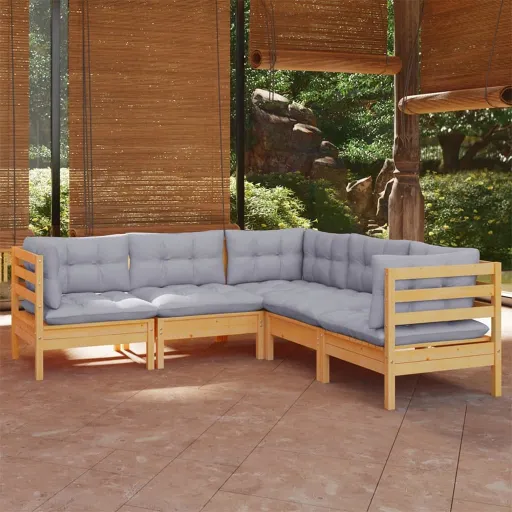 Conjunto Lounge de Jardim + Almofadões Cinza Pinho Maciço (5 pcs)