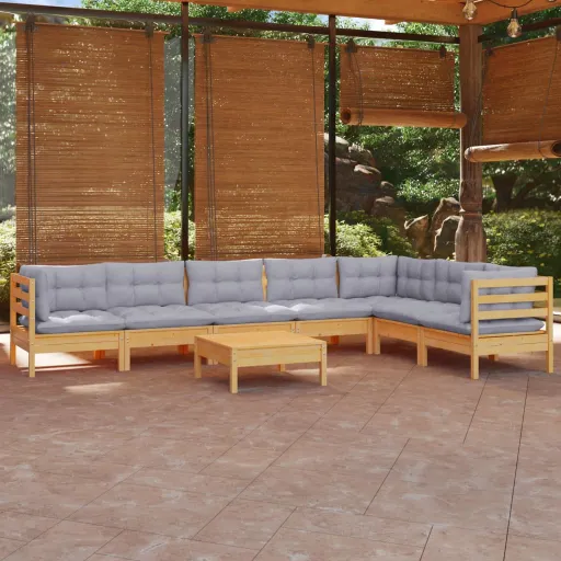 Conjunto Lounge de Jardim + Almofadões Cinza Pinho Maciço (8 pcs)