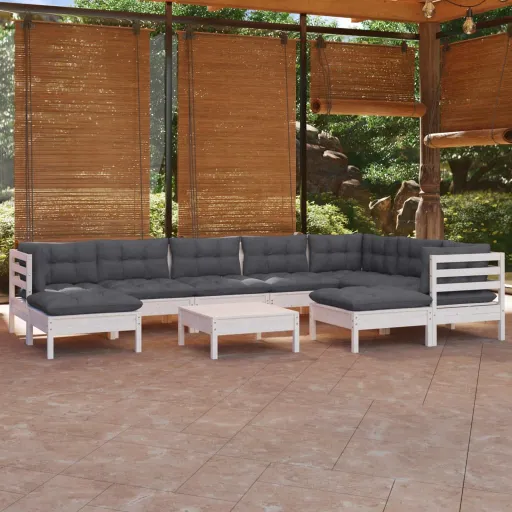 Conj. Lounge de Jardim c/ Almofadões Pinho Maciço Branco (10 pcs)
