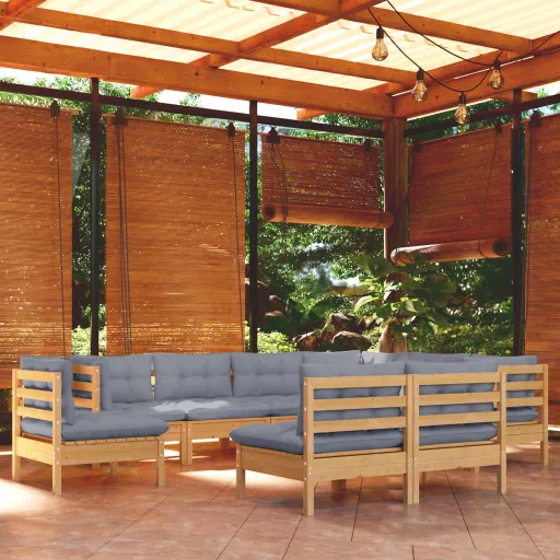 Conjunto Lounge de Jardim + Almofadões Cinza Pinho Maciço (9 pcs)