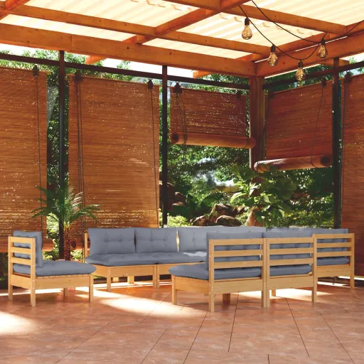 Conjunto Lounge de Jardim + Almofadões Cinza Pinho Maciço (10 pcs)
