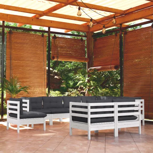 Conj. Lounge de Jardim c/ Almofadões Pinho Maciço Branco (9 pcs)