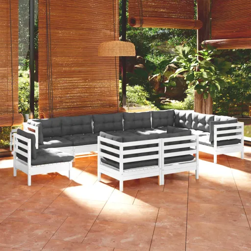 Conj. Lounge de Jardim c/ Almofadões Pinho Maciço Branco (10 pcs)