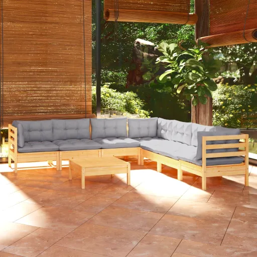 Conjunto Lounge de Jardim + Almofadões Cinza Pinho Maciço (8 pcs)