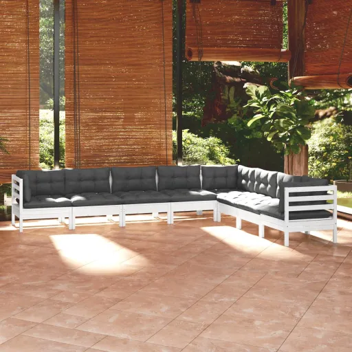 Conj. Lounge de Jardim c/ Almofadões Pinho Maciço Branco (8 pcs)
