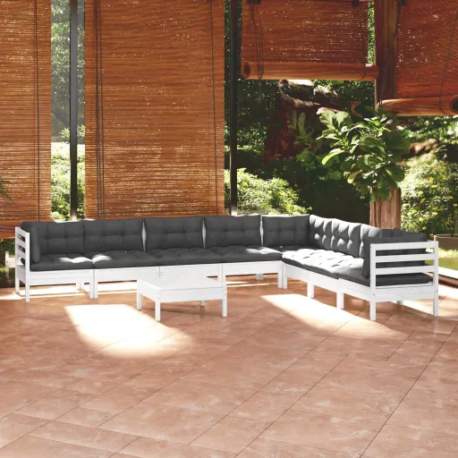 Conj. Lounge de Jardim c/ Almofadões Pinho Maciço Branco (9 pcs)