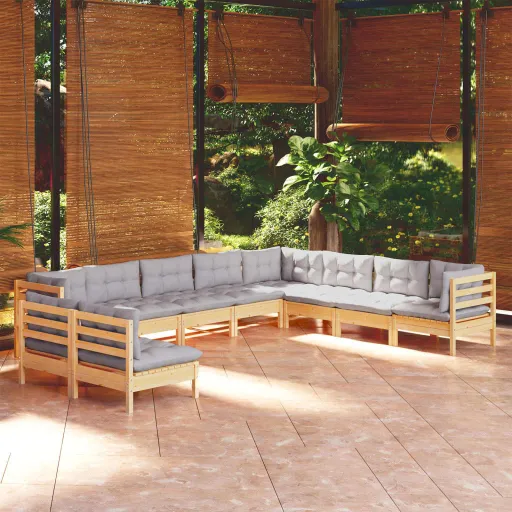 Conjunto Lounge de Jardim + Almofadões Cinza Pinho Maciço (10 pcs)