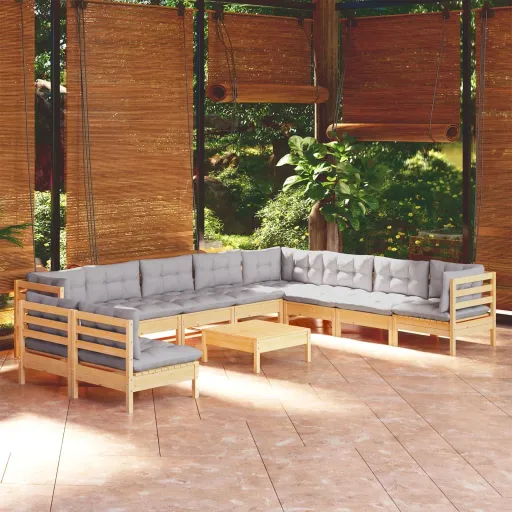 Conjunto Lounge de Jardim + Almofadões Cinza Pinho Maciço (11 pcs)