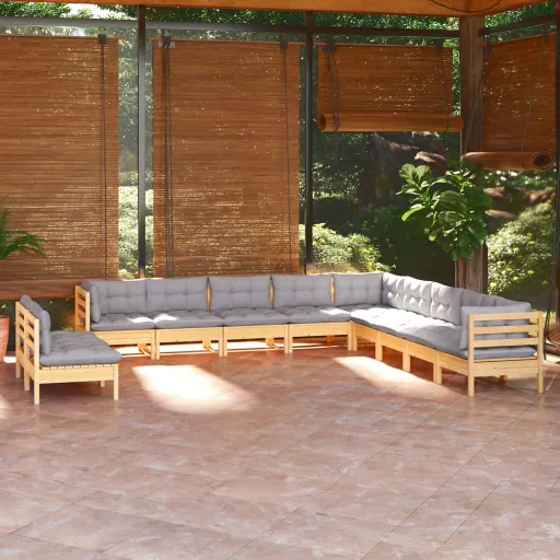 Conjunto Lounge de Jardim + Almofadões Cinza Pinho Maciço (11 pcs)