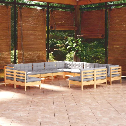 Conjunto Lounge de Jardim + Almofadões Cinza Pinho Maciço (13 pcs)