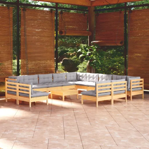 Conj. Lounge de Jardim c/ Almofadões Cinza Pinho Maciço (14 pcs)