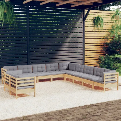 Conjunto Lounge de Jardim + Almofadões Cinza Pinho Maciço (11 pcs)