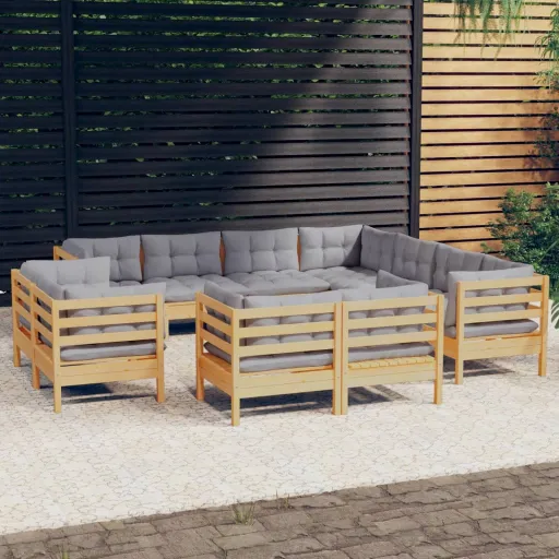 Conjunto Lounge de Jardim + Almofadões Cinza Pinho Maciço (11 pcs)