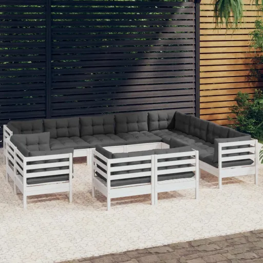 Conj. Lounge de Jardim c/ Almofadões Pinho Maciço Branco (12 pcs)