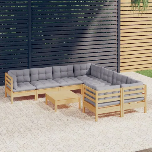 Conjunto Lounge de Jardim c/ Almofadões Cinzentos Pinho (9 pcs)