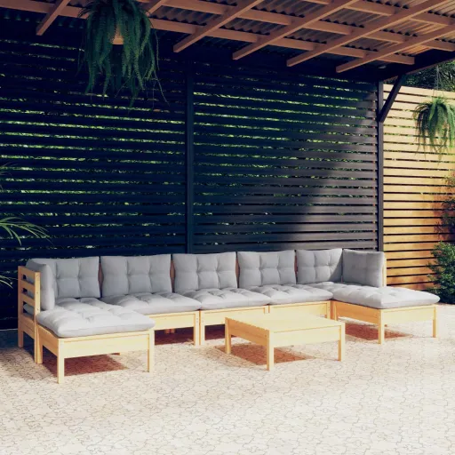 Conjunto Lounge de Jardim c/ Almofadões Cinzentos Pinho (8 pcs)