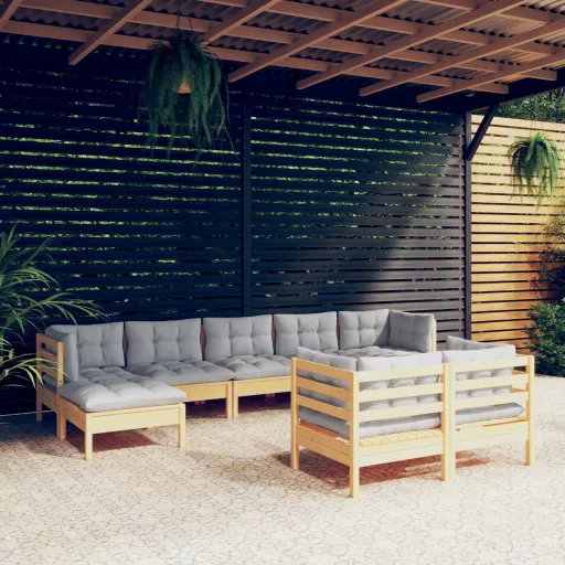 Conjunto Lounge de Jardim + Almofadões Cinza Pinho Maciço (9 pcs)