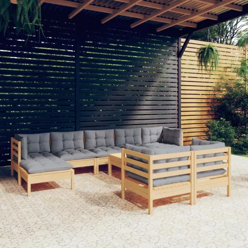 Conjunto Lounge de Jardim + Almofadões Cinza Pinho Maciço (10 pcs)
