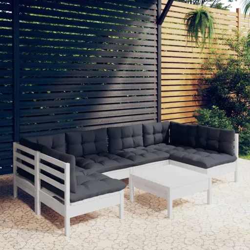 Conj. Lounge de Jardim c/ Almofadões Pinho Maciço Branco (7 pcs)